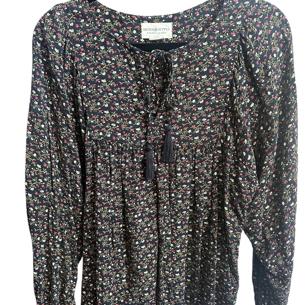 Denim & Supply Ralph Lauren Black Floral Tie-Front Peasant Blouse